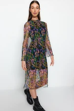 Trendyol Multicolored Pleat Fabric Patterned Shift/Plain Lined Midi Knitted Dress