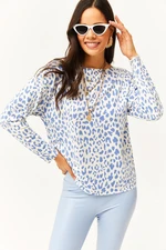 Olalook Women's White Leopard Dirty Collar Printed Soft Textured Thin Sweatshirt