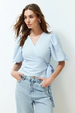 Trendyol Blue Double Breasted Tie Detailed Woven Blouse