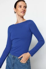 Trendyol Sax Cotton Stretchy Boat Neck Fitted/Situated Stretch Knitted Blouse