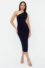 Trendyol Navy Blue One Shoulder Draped Fitted Maxi Flexible Knitted Midi Pencil Dress