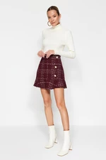 Trendyol Claret Red with Buttons and Tweed Fabric Hem with Ruffles, Mini Woven Skirt