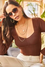 Olalook Women's Bitter Brown Hairstyle Knitted Detail Heart Collar Corduroy Knitwear Blouse