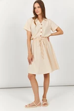 armonika Women's Cream Printed Elastic Waist Short Sleeve Shirt Dress