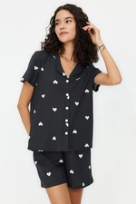 Trendyol Black 100% Cotton Heart Patterned Shirt-Shorts Knitted Pajamas Set