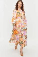 Trendyol Multi Color Floral Pattern Linen Look Belt Detailed Woven Dress