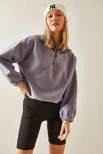 XHAN Gray Zippered High Collar Fleece Sweatshirt
