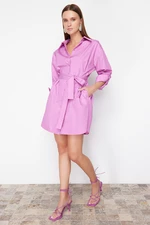 Trendyol Fuchsia Belted 100% Cotton Mini Woven Shirt Dress
