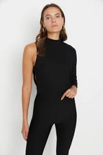 Trendyol Black Standing Collar With Cutout Detail Single Sleeve Ribbed Flexible Knitted Snap Button Body