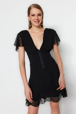 Trendyol Black Chiffon Evening Dress with Open Waist/Skater Lined Agraphy Evening Dress