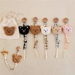 Cute Bear Wooden Soother Clips Baby Pacifier Chain Clip Plaid Anti Drop Chain Newborn Nipples Pacifiers Dummy Clip With Dust Bag