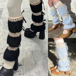 Drawstring Style Women Calf Stockings Splicing Color Contrast Stripes Socks Knitted Stockings Cute Leg Warmers Vacation Outfit