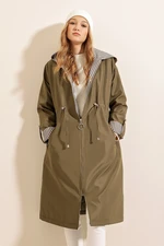 Bigdart 9091 Gathered Waist Hooded Trench Coat - Khaki