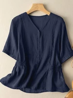 Cotton Solid Shirring Button Short Sleeve Casual Blouse