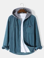 Mens Corduroy Chest Pocket Long Sleeve Contrast Hooded Shirts