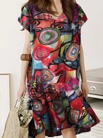 Abstract Painted Ruffled Short Sleeve High-Low Hem Midi Dress