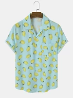 Men Allover Lemon Print Single Pocket Revere Collar Soft Breathable Leisure Shirts