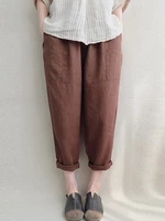 Women Vintage High Elastic Waist Solid Loose Cotton Harem Pants