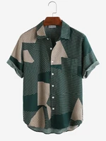 Mens Fashion Color Block Stripe Short Sleeve Casual Shirts