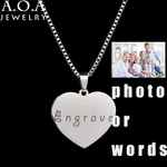 Personalized Stainless Steel Name Pendant Necklace Heart Love Engrave Photo Name 35MM Pendant Necklace Box Chain For Family Gift