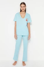 Trendyol Light Blue 100% Cotton Wide Fit T-shirt-Pants with Pockets Printed Knitted Pajamas Set