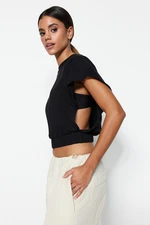 Trendyol Black 100% Cotton Raglan Sleeve Crop Crew Neck Knitted T-Shirt