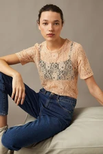 Koton Crew Neck Short Sleeve Lace Blouse