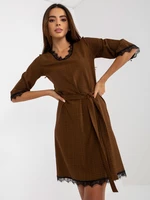 Light brown and black plaid cocktail dress with tie