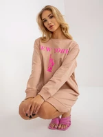 Beige and pink long oversized sweatshirt with print