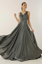 By Saygı V-Neck Imaginary Evening Dress with Tulle and Glittery Lined.