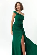Lafaba Women's Emerald Green One-Shoulder Long Evening Dress with Stones.