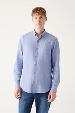 Avva Men's Dark Blue Button Collar Cotton Linen Standard Fit Regular Cut Shirt