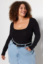 Trendyol Curve Black Square Collar Additional Feature Not Available, Single Jersey Plus Size Body.
