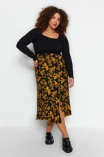 Trendyol Curve Black Floral Knitted Skirt With Slit Detail