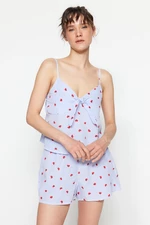 Trendyol Blue Striped Heart Printed Poplin Singlets-Shorts Woven Pajamas Set