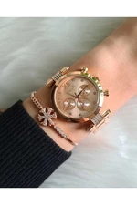 Polo Air Sports Stylish Women's Wristwatch and Zircon Stone Snowflake Bracelet Combination Copper Color