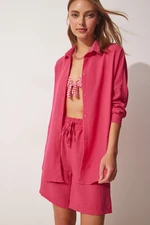 Happiness İstanbul Women's Dark Pink Summer Linen Shirt Shorts Set