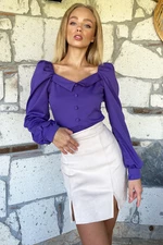 Trend Alaçatı Stili Women's Purple Princess Sleeve Front Button Detailed Crepe Blouse