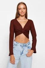 Trendyol Brown V-Neck Spanish Knitted Knitted Blouse with Crepe/Textured Crop with Arm Knot Detail