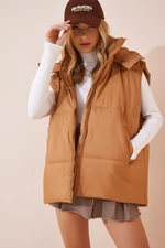 Happiness İstanbul Women's Tan Oversized Inflatable Vest with a Hooded