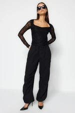 Trendyol Black Lace See-through Back Square Collar Fitted/Situated Long Sleeve Crop Knitted Blouse