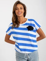 White-blue striped blouse with brooch