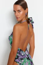 Trendyol Floral Pattern Deep-Chocolate Low-Cut Back, Regular Leg Swimsuit