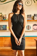 Olalook Women's Black Halterneck Knitwear Dress with Eyelet Detail