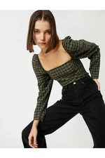 Koton U-Neck Balloon Sleeves Checkered Blouse