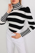 BİKELİFE Women's Black Striped Soft Textured Lycra Basic Knitwear Sweater