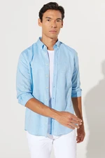 AC&Co / Altınyıldız Classics Men's Blue Slim Fit Slim Fit Button Down Collar Cotton Dobby Linen Shirt