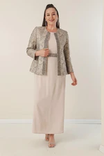 By Saygı Long Sleeve Crepe Dress With Beaded Waist Beads and Jacquard Lined Jacket Plus Size 2-Piece Suit