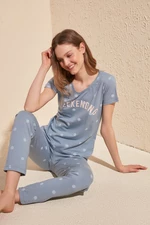 Trendyol Modrý 100% Bavlnený Bodkovaný T-shirt-Nohavice Pletený Pyžamový Set