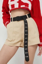 Kraťasy Tommy Jeans dámské, béžová barva, hladké, high waist